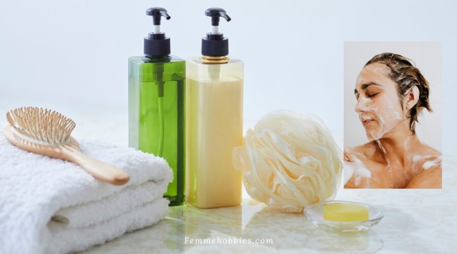 Everything shower setup with body wash bottles, loofah, towel, soap, and relaxing self-care routine essentials