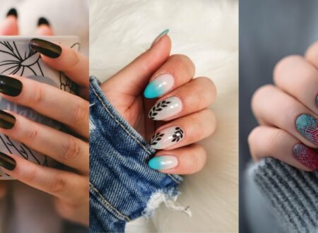 Fall nail colors featuring green, teal, nude, and red manicure designs with glossy autumn-inspired nail art.