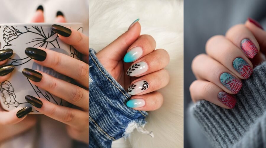 Fall nail colors featuring green, teal, nude, and red manicure designs with glossy autumn-inspired nail art.