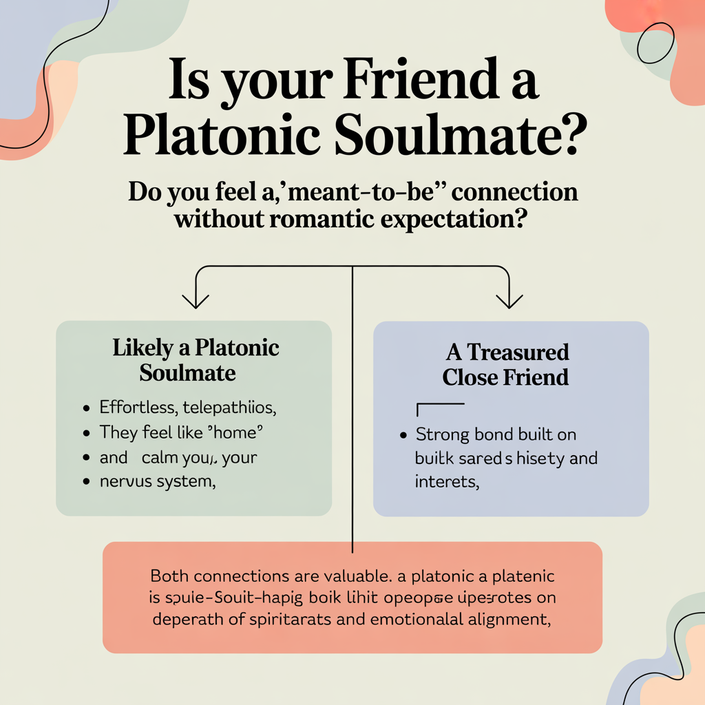 An infographic flowchart titled "Is Your Friend a Platonic Soulmate?" It asks a diagnostic question and uses a yes/no pathway to differentiate between a Platonic Soulmate and a Treasured Close Friend, listing key signs for each.