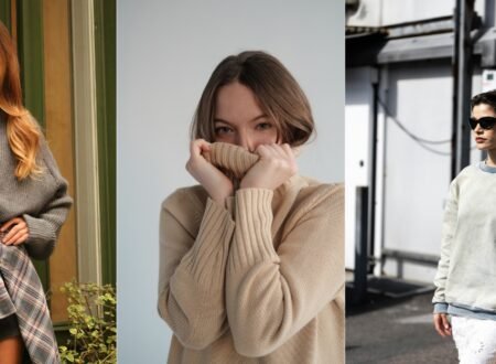 Three women wearing cozy neutral-toned outfits, including chunky knits and soft pullovers, styled in everyday casual looks — perfect inspiration for a J Crew roll neck sweater outfit
