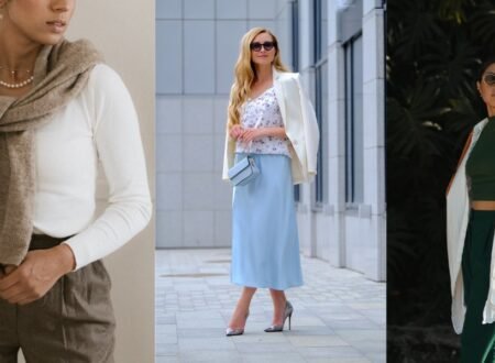 Outfit Pin featuring three stylish women wearing modern casual outfits including scarves, blazers, midi skirts, and layered athleisure looks