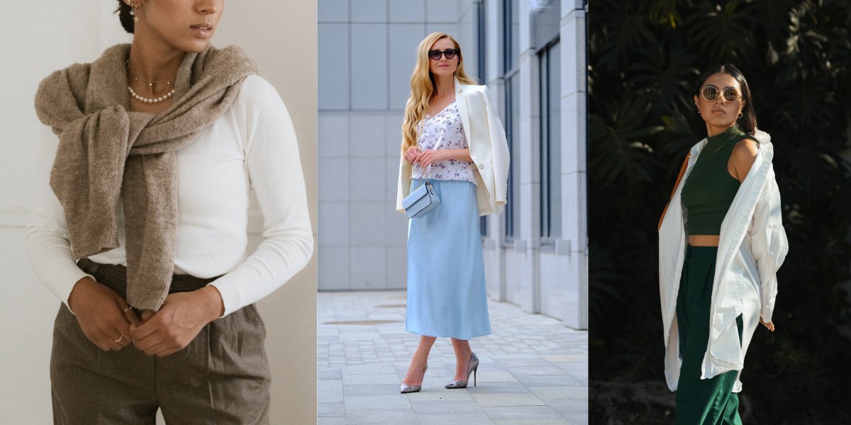 Outfit Pin featuring three stylish women wearing modern casual outfits including scarves, blazers, midi skirts, and layered athleisure looks