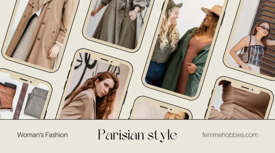 Parisian style fashion collage featuring neutral outfits, trench coats, and effortless French chic looks