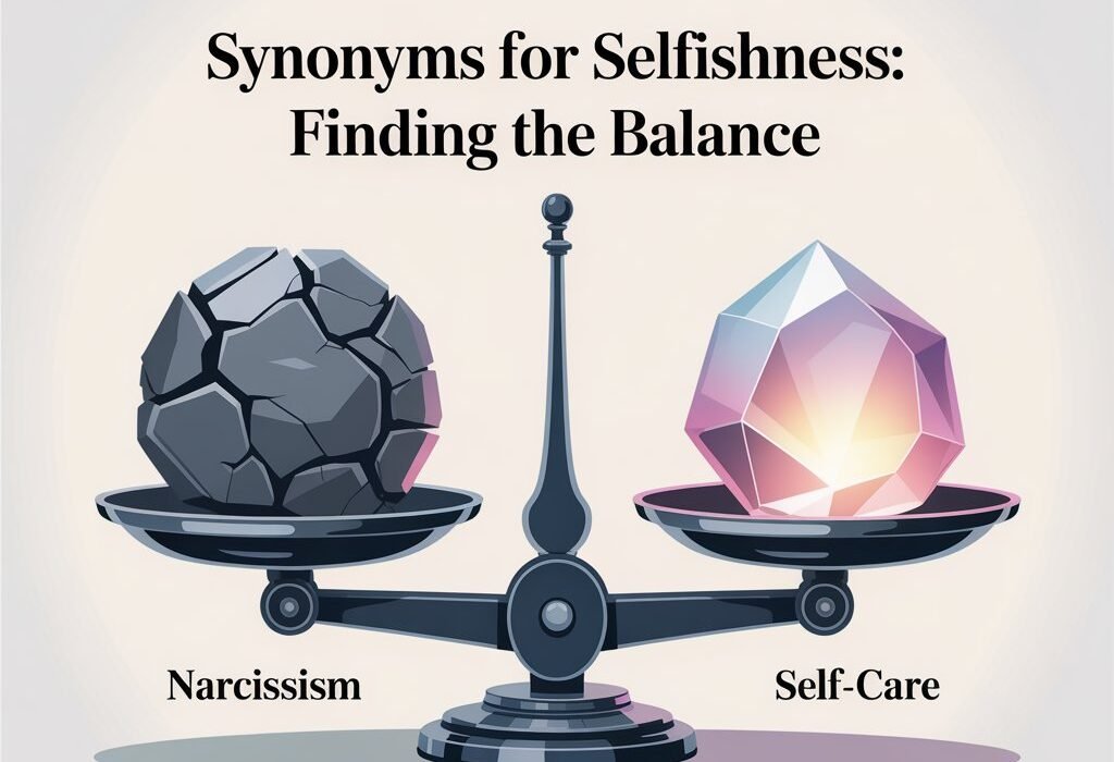 Illustration of a balance scale comparing narcissism and self-care to symbolize the spectrum of Synonyms Selfishness.