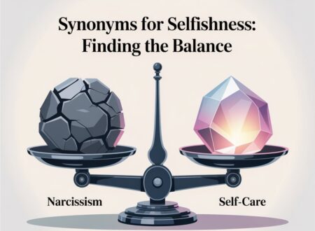 Illustration of a balance scale comparing narcissism and self-care to symbolize the spectrum of Synonyms Selfishness.