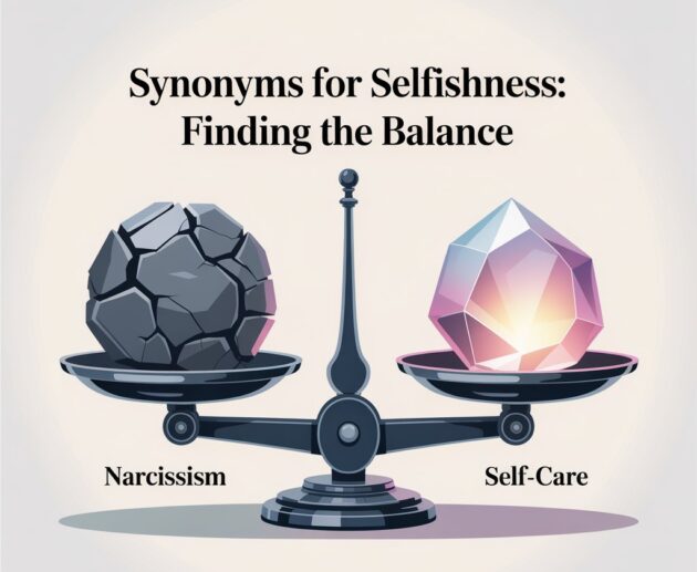 Illustration of a balance scale comparing narcissism and self-care to symbolize the spectrum of Synonyms Selfishness.
