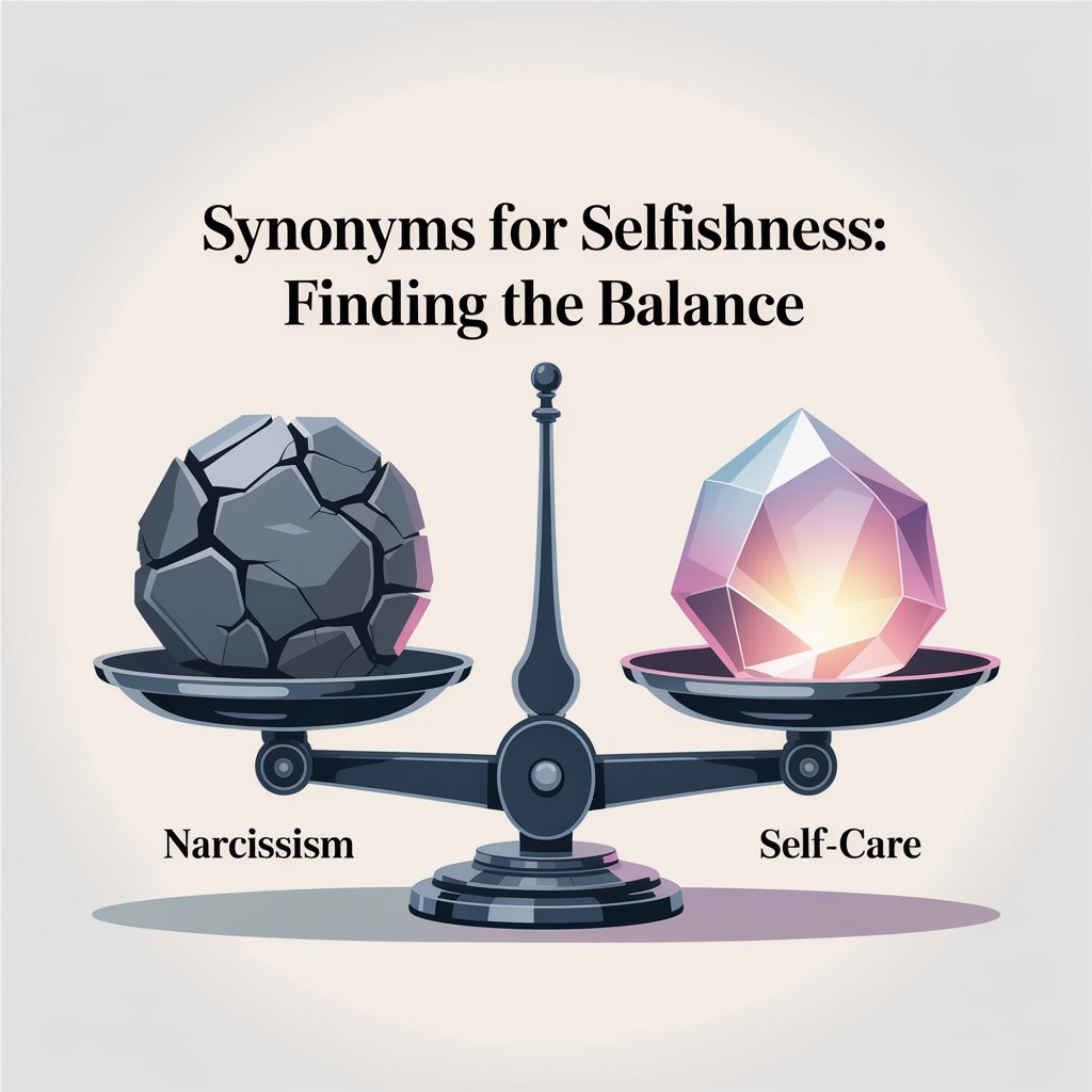 Illustration of a balance scale comparing narcissism and self-care to symbolize the spectrum of Synonyms Selfishness.