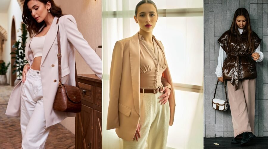 Cute spring outfits featuring neutral blazers, light layers, and chic casual looks styled with soft pastels and modern accessories.