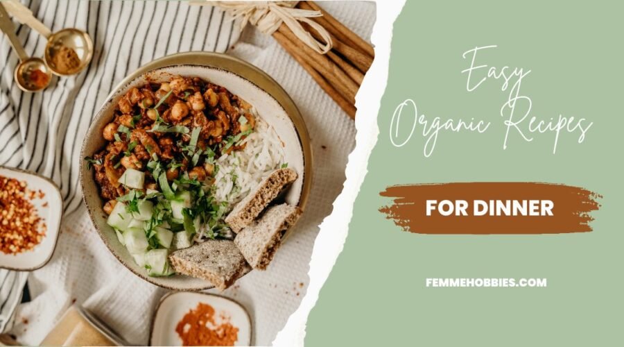 A bowl of organic chickpea curry served with rice, fresh cucumbers, and bread on a rustic table — perfect for easy dinner recipes.