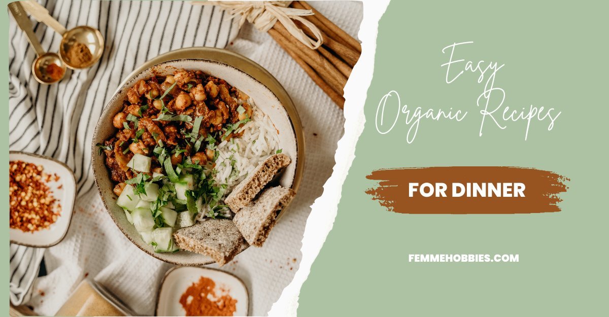 A bowl of organic chickpea curry served with rice, fresh cucumbers, and bread on a rustic table — perfect for easy dinner recipes.