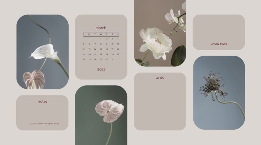 March backgrounds desktop featuring a minimalist beige aesthetic with soft floral photography, a March 2023 calendar layout, and rounded note, to-do, and work file sections.
