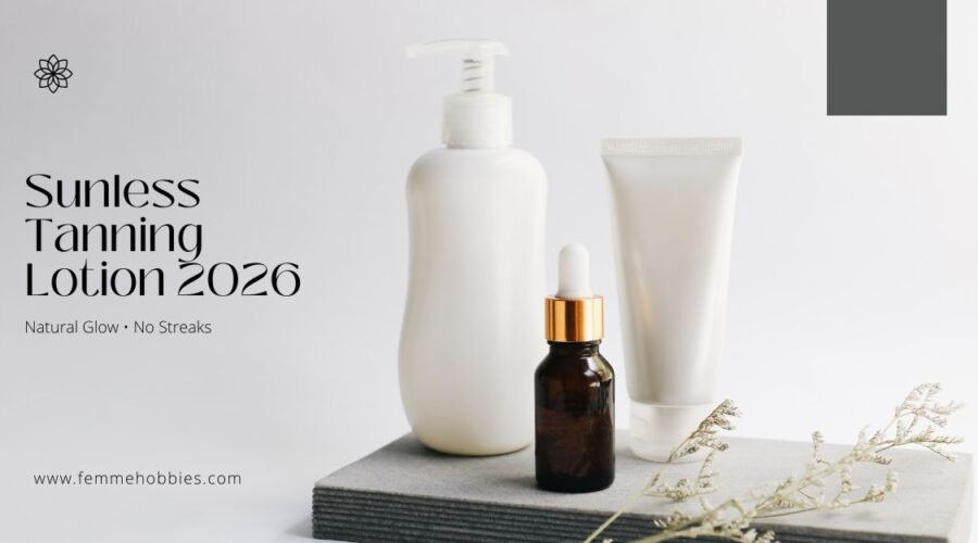 Best sunless tanning lotion 2026 displayed in a minimal skincare flat lay with lotion bottles for a natural, streak-free glow