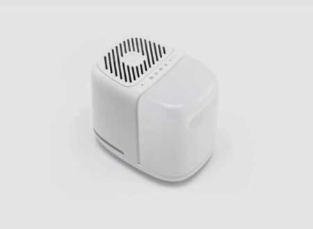 Canopy humidifier placed on a bedside table in a modern bedroom for quiet, mold-resistant humidification