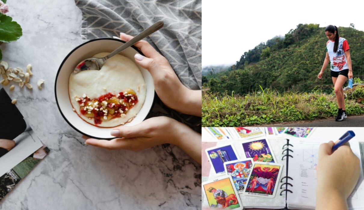 Woman walking outdoors, healthy breakfast, and journaling as part of a 30 day health challenge.