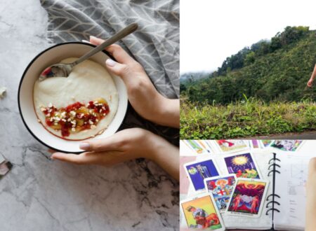 Woman walking outdoors, healthy breakfast, and journaling as part of a 30 day health challenge.