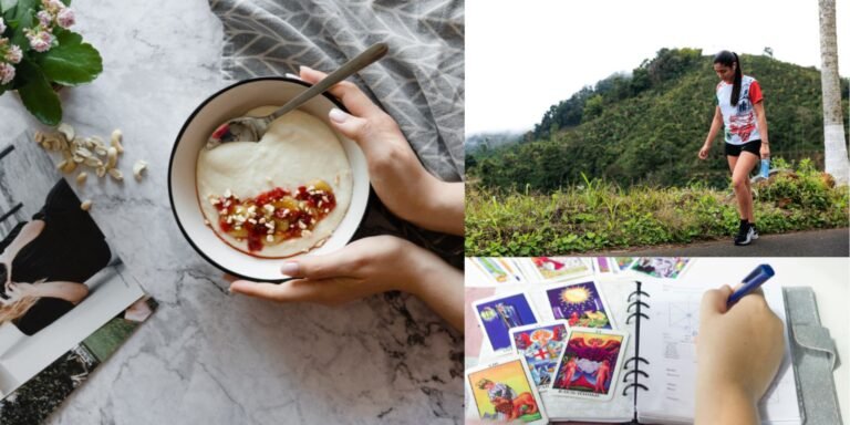 Woman walking outdoors, healthy breakfast, and journaling as part of a 30 day health challenge.