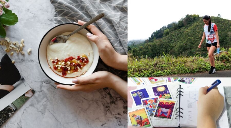 Woman walking outdoors, healthy breakfast, and journaling as part of a 30 day health challenge.