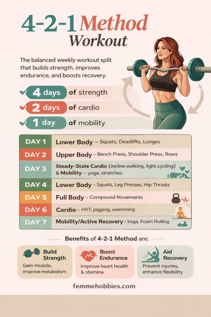 4 2 1 method workout infographic showing weekly strength, cardio, and mobility split