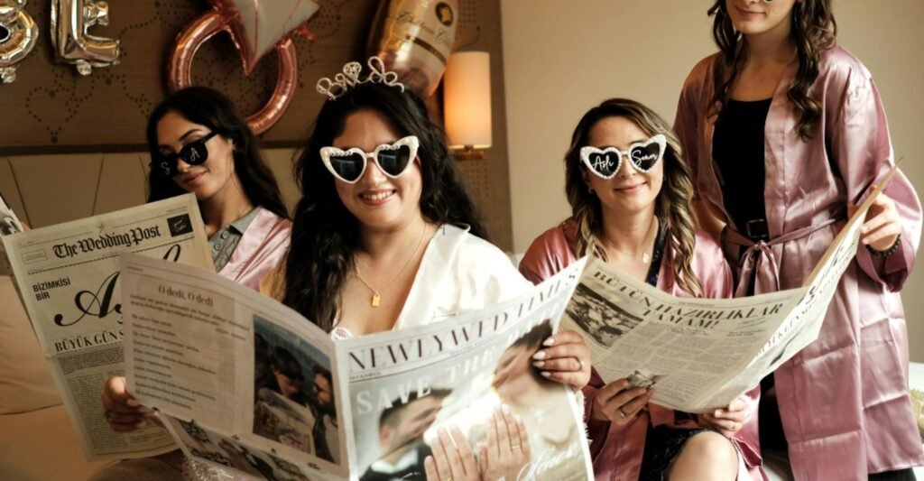 Girls enjoying fun sleepover ideas during a pajama party night with newspapers and themed decorations