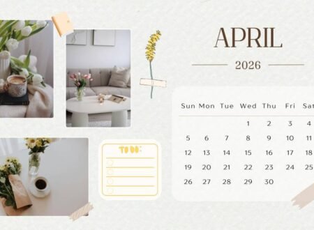 April flowers backgrounds with aesthetic spring calendar, cozy coffee setup, and floral decor elements