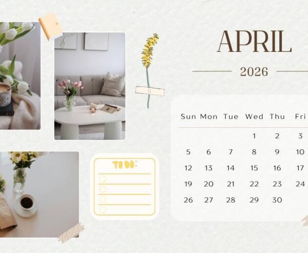April flowers backgrounds with aesthetic spring calendar, cozy coffee setup, and floral decor elements