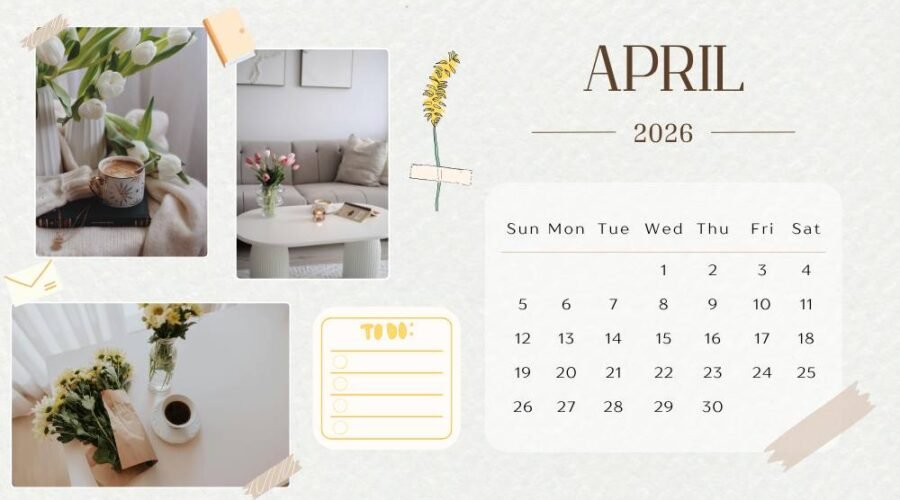 April flowers backgrounds with aesthetic spring calendar, cozy coffee setup, and floral decor elements