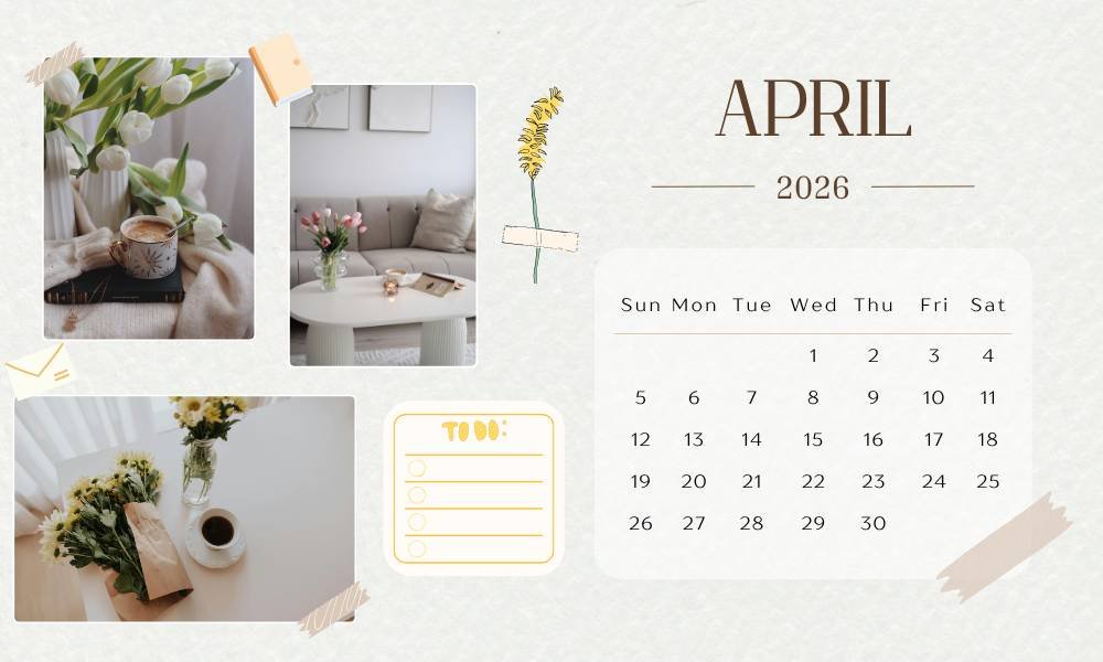 April flowers backgrounds with aesthetic spring calendar, cozy coffee setup, and floral decor elements