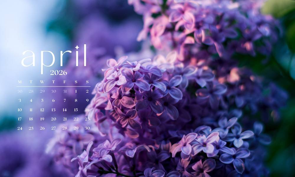 The best April flowers for your spring backgrounds featuring soft purple blossoms and an aesthetic April 2026 calendar design