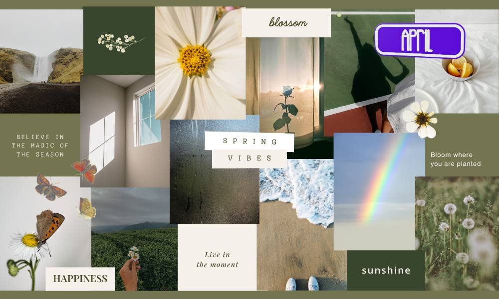 A soft, dreamy spring collage featuring delicate flowers, a close-up white daisy, butterflies, a rainbow over a beach, sunlight through a window, and nature scenes in muted green and beige tones. Inspirational phrases like “Spring Vibes,” “Blossom,” and “Live in the moment” add a calm, uplifting aesthetic.