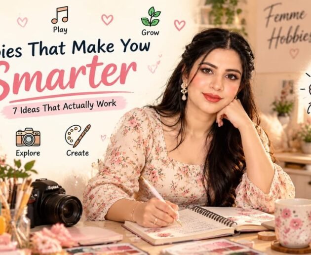 Hobbies that make you smarter, featuring a woman journaling with books, art supplies, and creative hobby ideas.