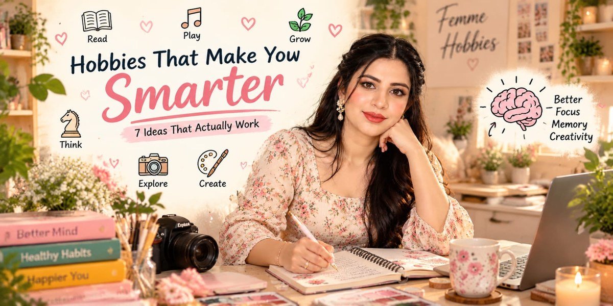 Hobbies that make you smarter, featuring a woman journaling with books, art supplies, and creative hobby ideas.